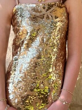 LoveShackFancy Gold Sequin Spaghetti Strap Dress